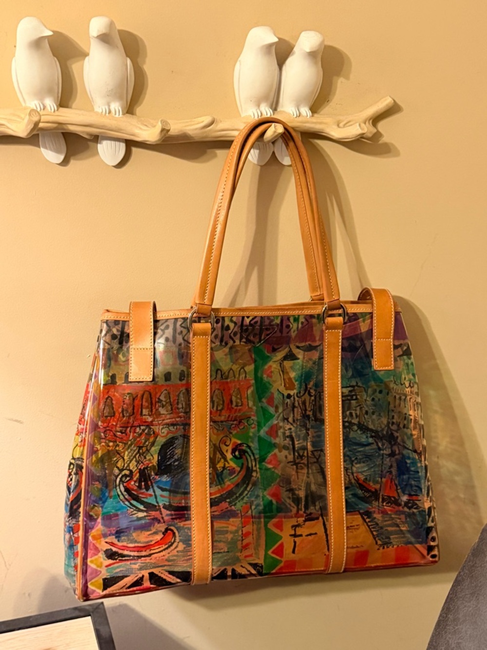 Prada Venezia Colorful Abstract Printed Tote Bag with Tan Leather Trim - Picture 4 of 17